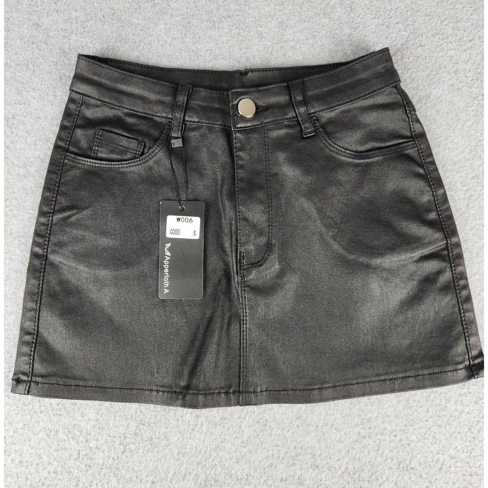 NWT Apperloth A Skirt Women's S Black‎ Coated Mini Edgy Faux Leather Look Sleek